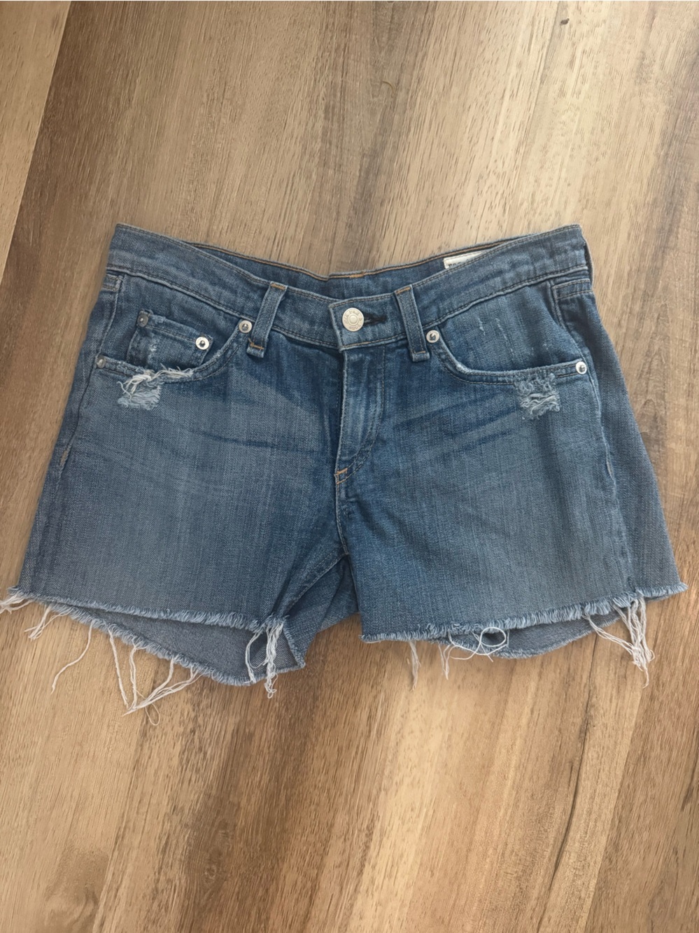 rag & bone Distressed Frayed Hem Low Rise Denim Shorts Blue 25